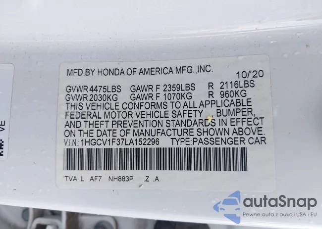 1HGCV1F37LA152296: 43799549