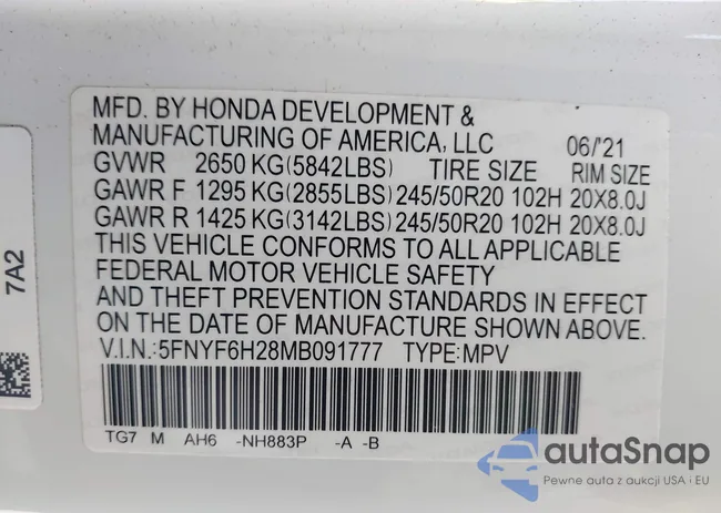 5FNYF6H28MB091777: 43807478