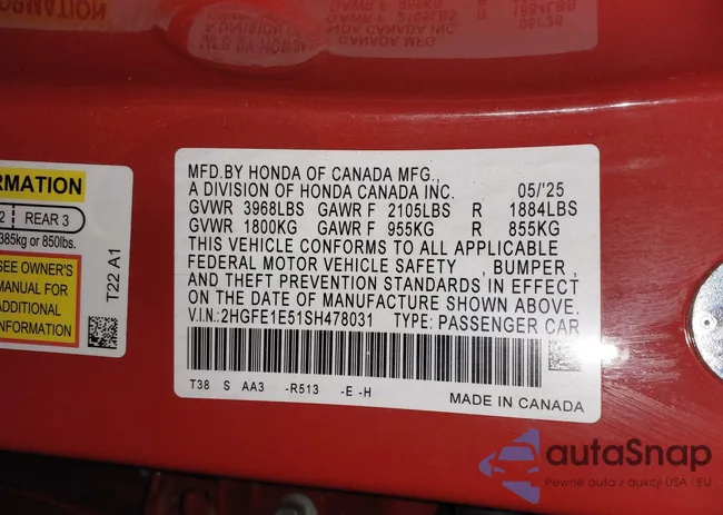 2HGFE1E51SH478031: 43808396