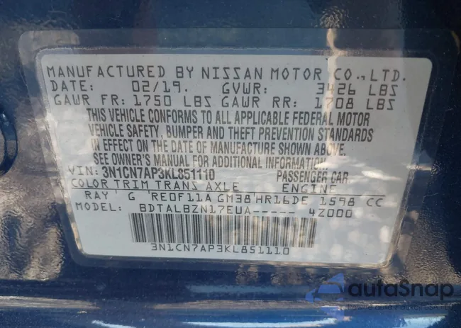 3N1CN7AP3KL851110: 43807736