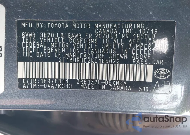 2T1BURHE2KC186022: 43809086