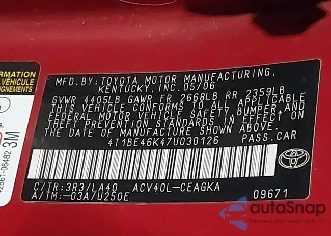 4T1BE46K47U030126: 43809364