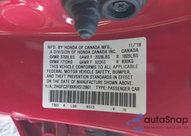 2HGFC2F8XKH512861: 43809477