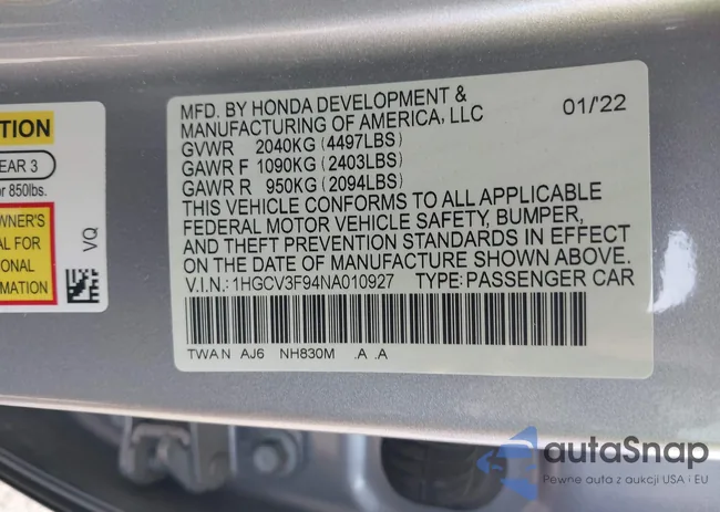 1HGCV3F94NA010927: 43808706