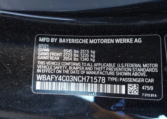 WBAFY4C03NCH71578: 43810233