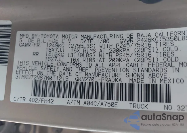 3TMKU72N87M011219: 43810348