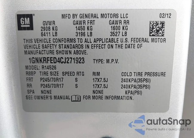 1GNKRFED4CJ271923: 43811289