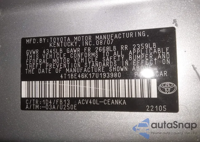 4T1BE46K17U193980: 43812141