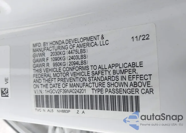 1HGCV2F39NA024201: 43814726