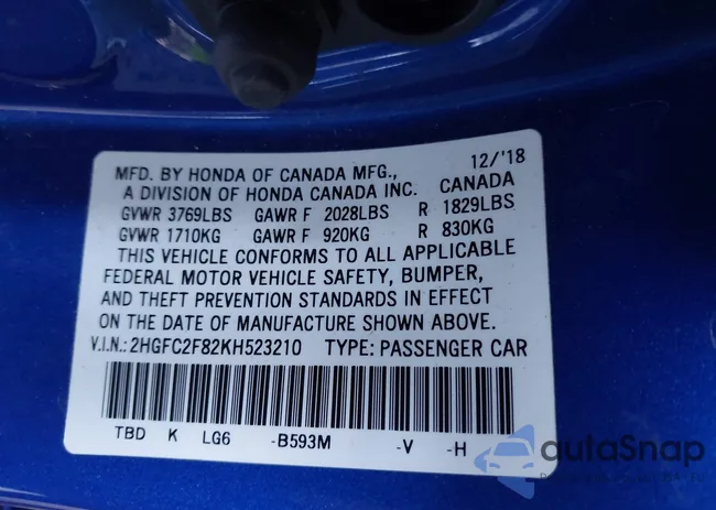 2HGFC2F82KH523210: 43818953