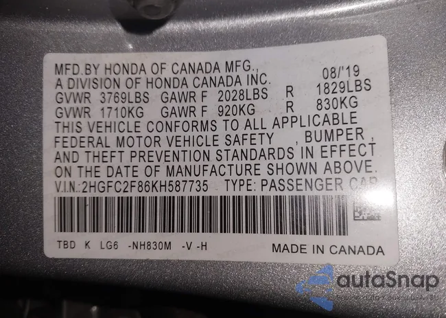 2HGFC2F86KH587735: 43819399