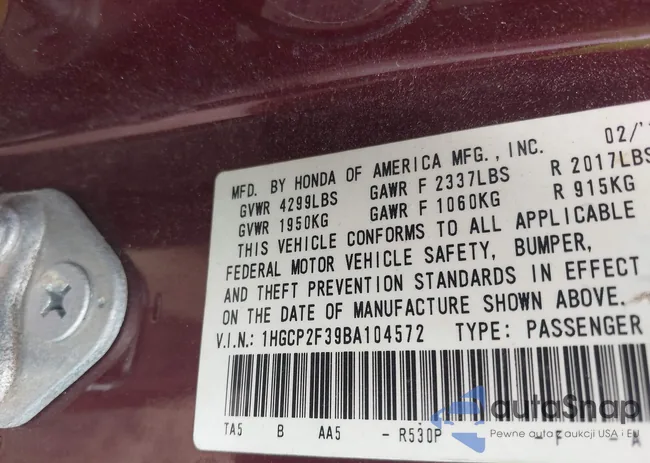 1HGCP2F39BA104572: 43820617