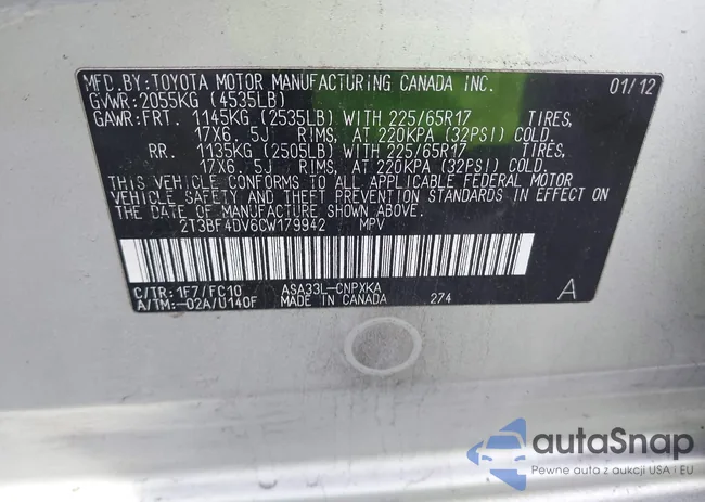 2T3BF4DV6CW179942: 43820670