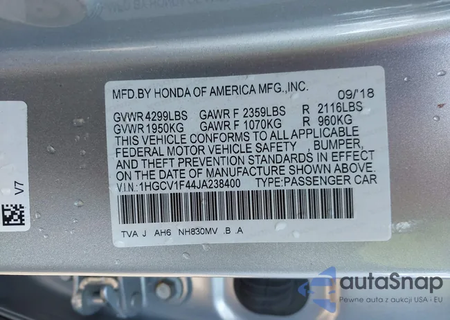 1HGCV1F44JA238400: 43823236