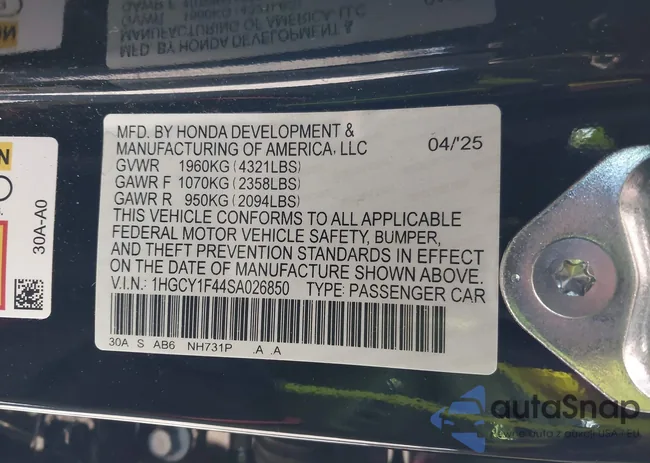 1HGCY1F44SA026850: 43823242