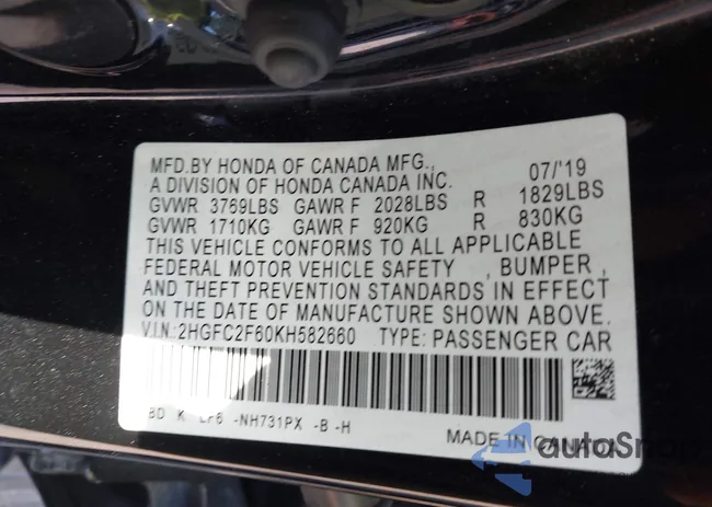 2HGFC2F60KH582660: 43822812