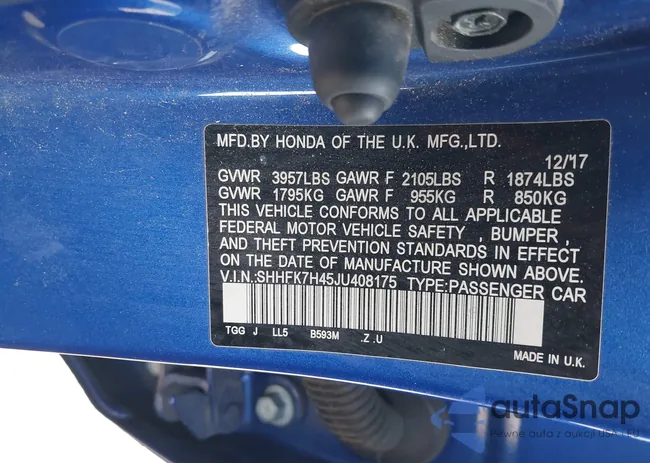 SHHFK7H45JU408175: 43823645