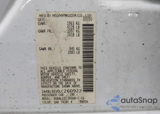 1N4BL4EV0LC260922: 43824643