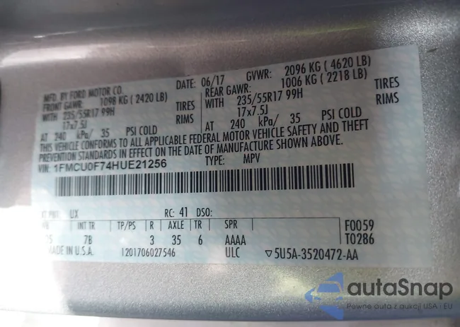 1FMCU0F74HUE21256: 43824734