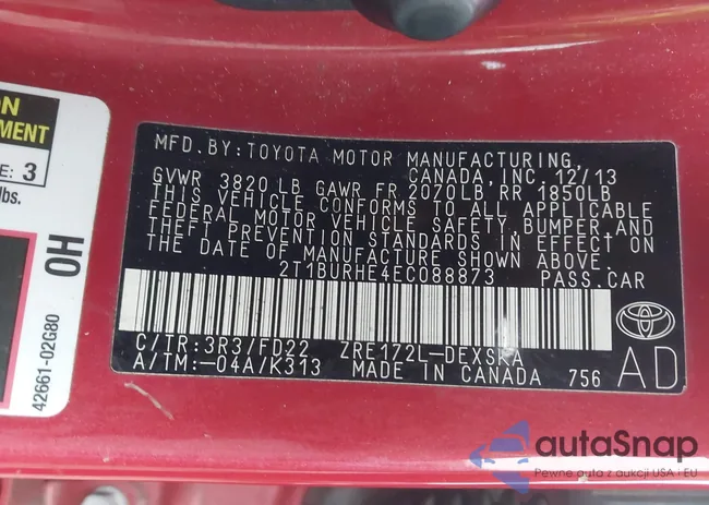 2T1BURHE4EC088873: 43826425