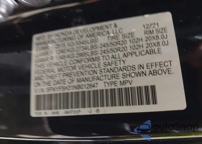 5FNYF5H31NB012647: 43826432