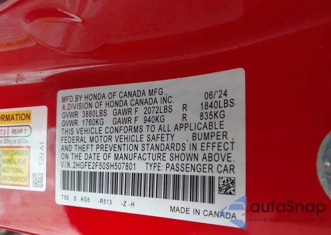 2HGFE2F50SH507801: 43825527