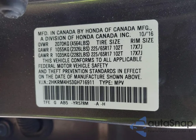 2HKRM4H53GH716911: 43825554