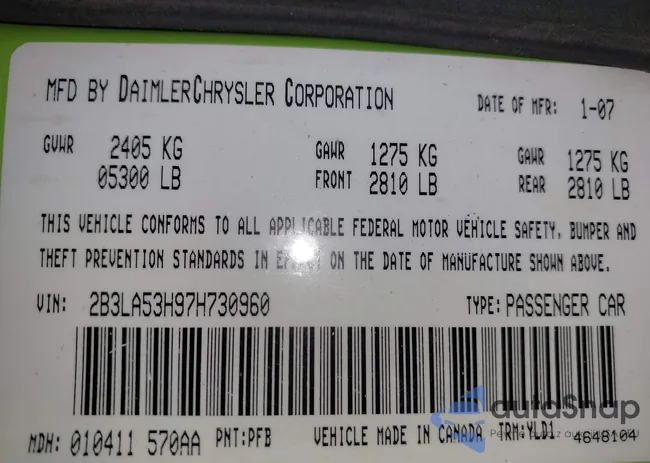 2B3LA53H97H730960: 43827522