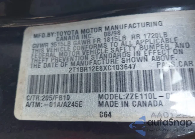 2T1BR12E8XC103647: 43827632