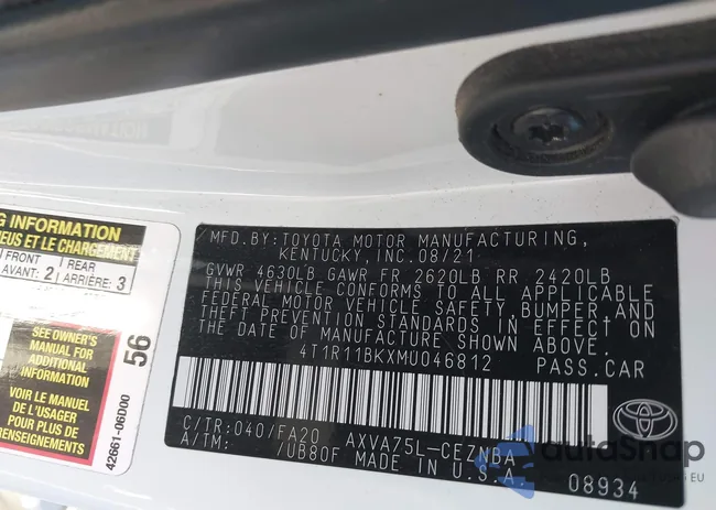 4T1R11BKXMU046812: 43832424