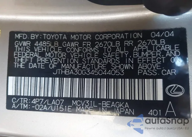 JTHBA30G345044053: 43831524