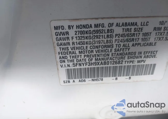 5FNYF3H9XAB012682: 43833018