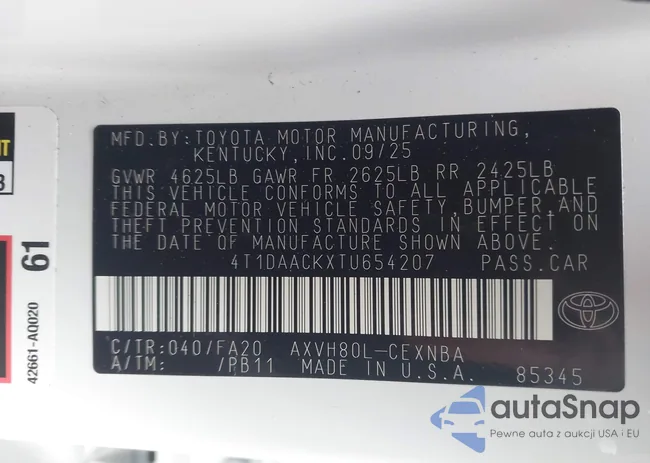 4T1DAACKXTU654207: 43834401