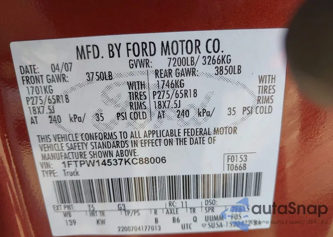 1FTPW14537KC88006: 43833643