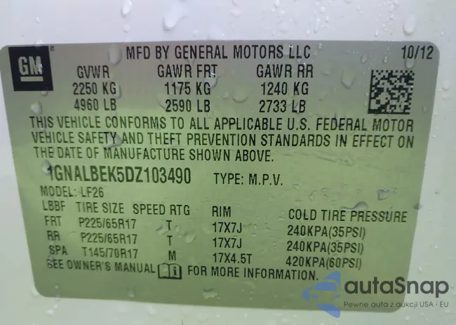 1GNALBEK5DZ103490: 43837018