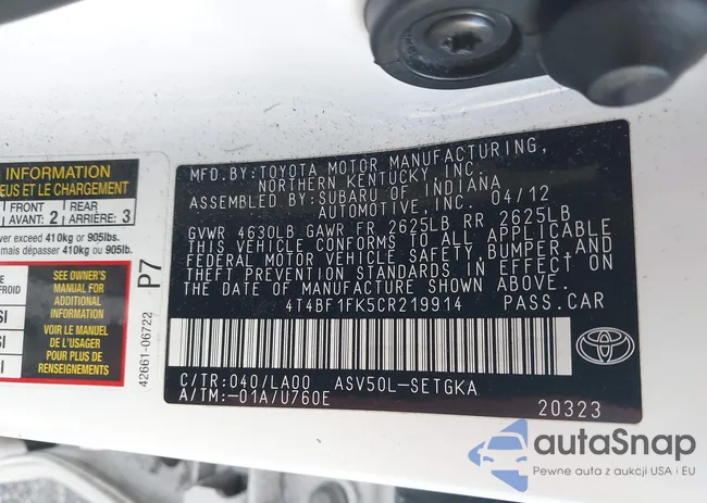 4T4BF1FK5CR219914: 43842397