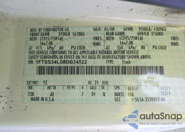 1FTSS34L08DB34522: 43842477