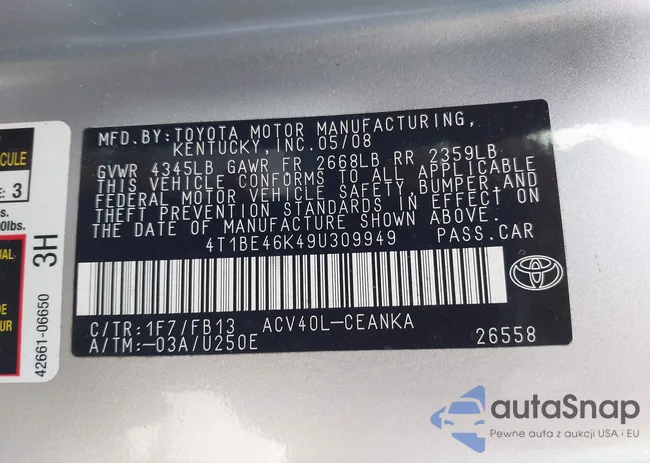 4T1BE46K49U309949: 43842678