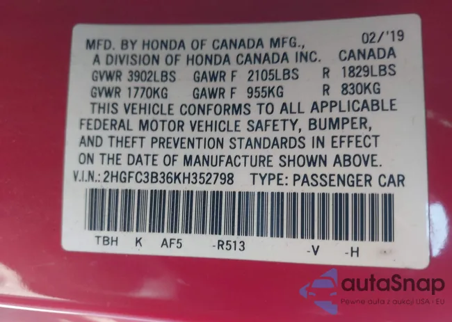 2HGFC3B36KH352798: 43842711