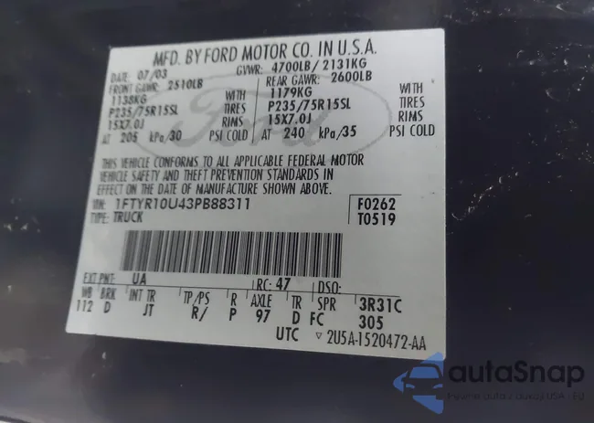 1FTYR10U43PB88311: 43845352