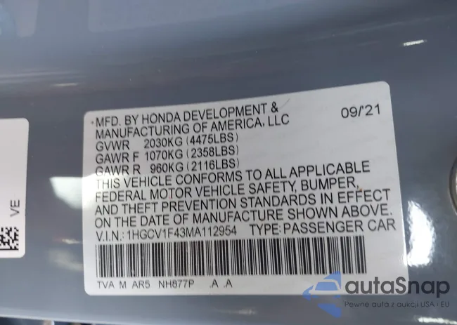 1HGCV1F43MA112954: 43847273