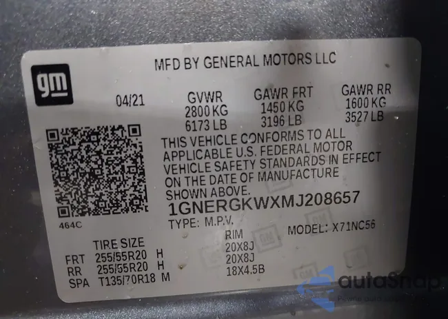 1GNERGKWXMJ208657: 43855745