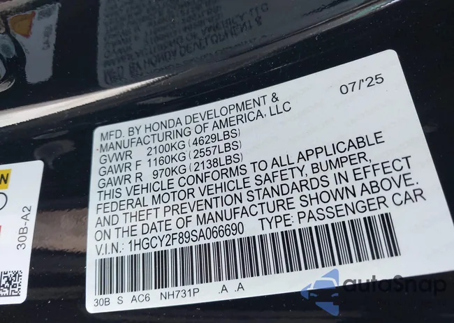 1HGCY2F89SA066690: 43860109