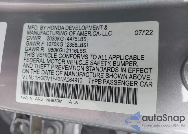 1HGCV1F43NA064910: 43860345