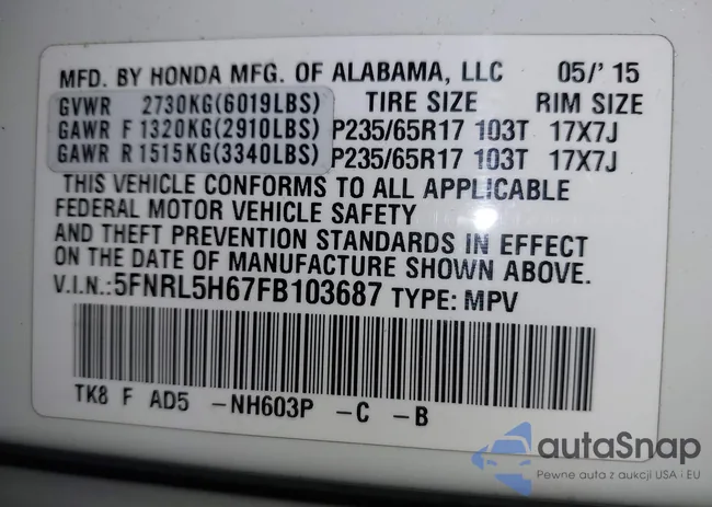 5FNRL5H67FB103687: 43859764