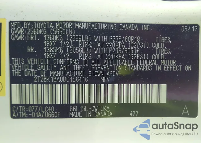 2T2BK1BA0DC156416: 43865155