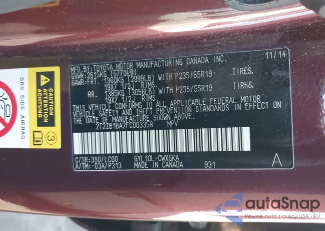 2T2ZB1BA2FC003358: 43864607