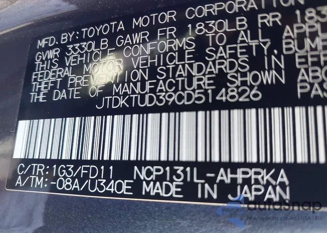 JTDKTUD39CD514826: 43868217