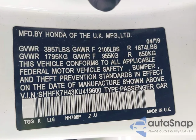 SHHFK7H43KU419600: 43867572