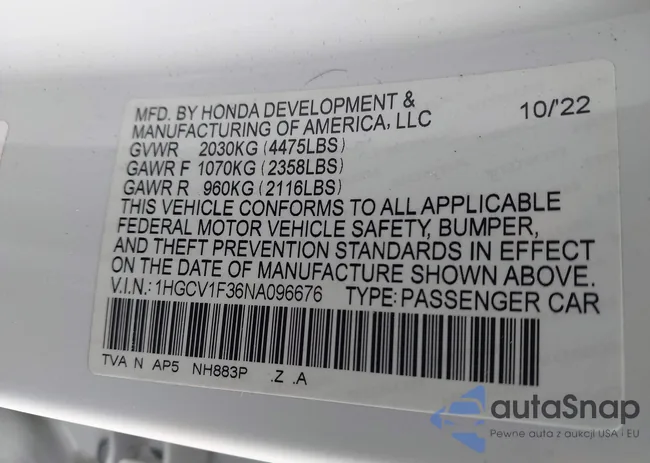 1HGCV1F36NA096676: 43868503